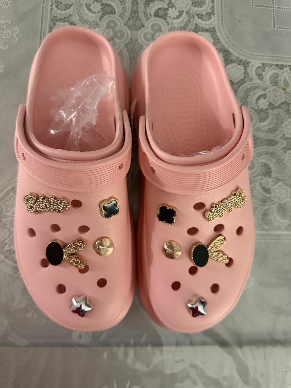 Pink Women's Slip-On Clogs with Decorative Gold Accents